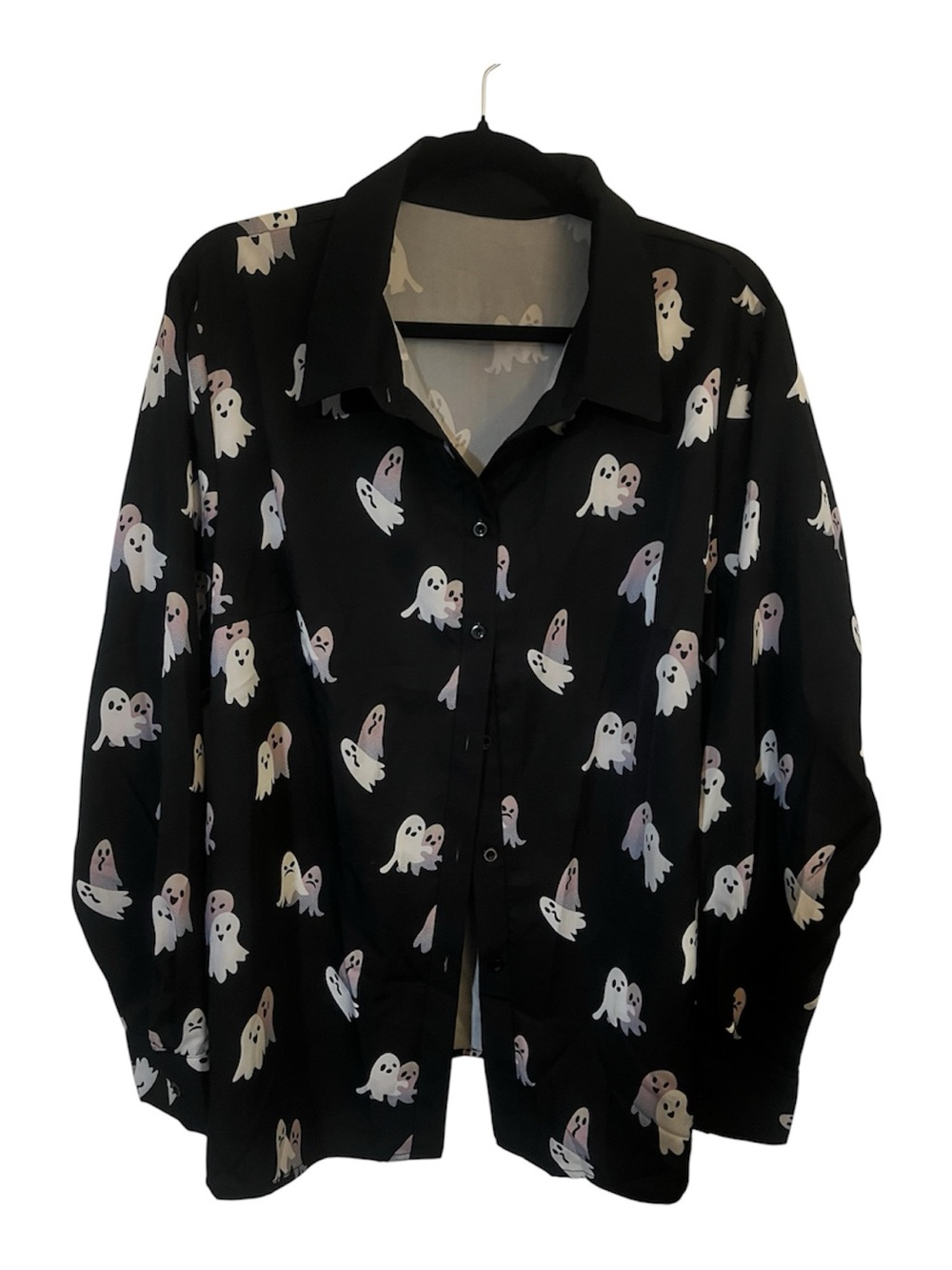 SHEIN Black Long Sleeve Button-Up Shirt with White/Pink Ghost Print